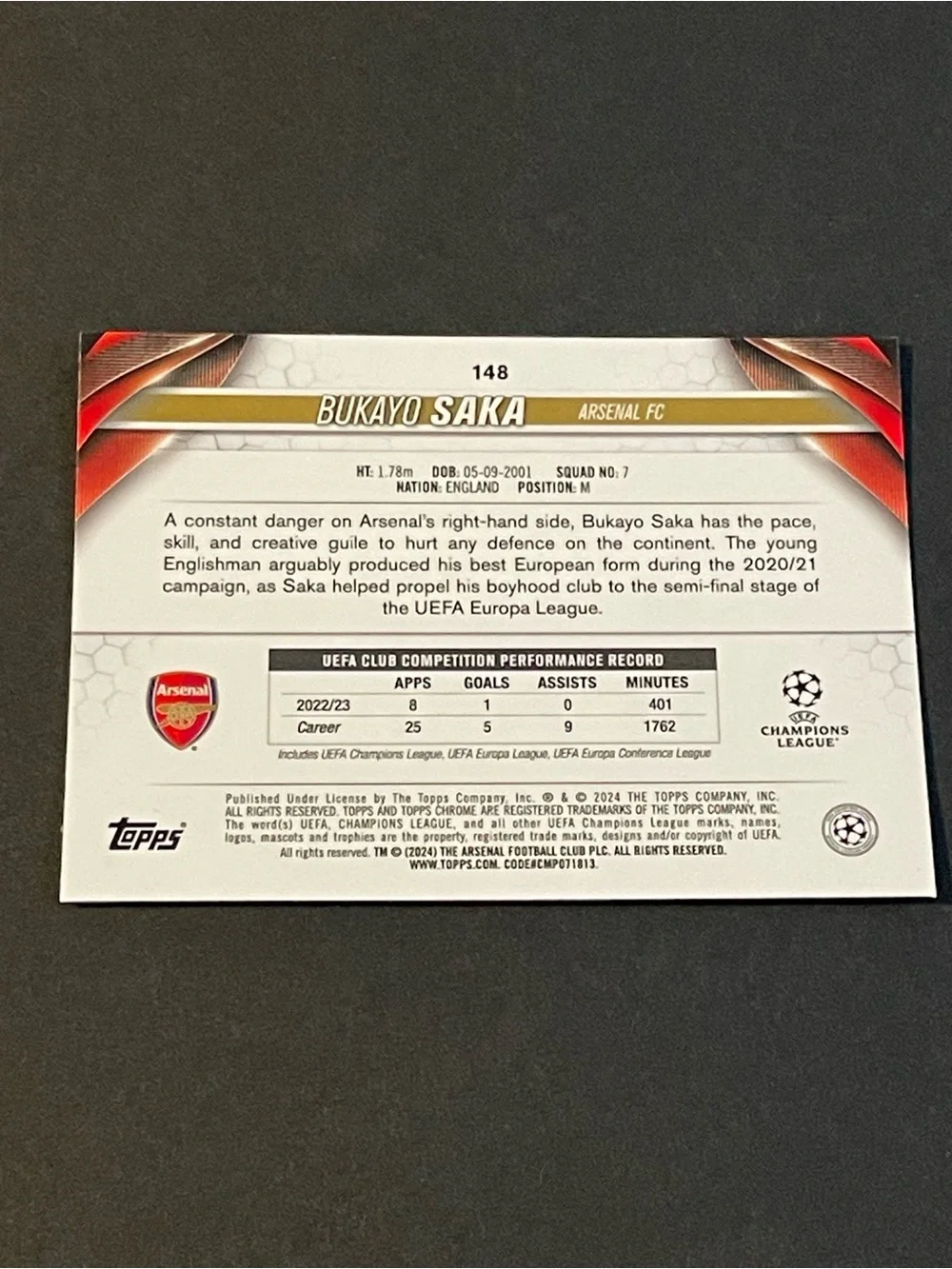Bukayo Saka 2023/24 Topps Chrome UEFA Club Competitions #148 Arsenal Base Card - Picture 2 of 6